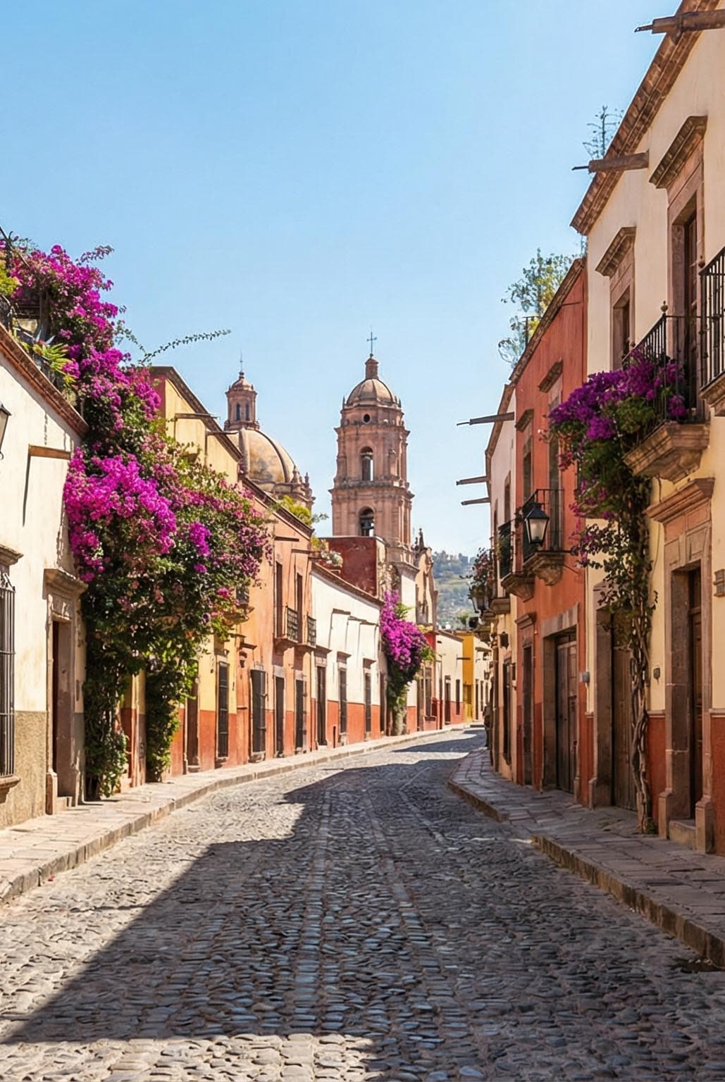 A traditional San Miguel de Allende cantera stone archway with bougainvillea